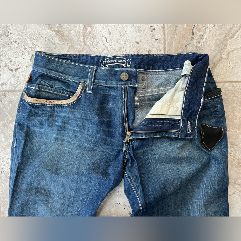 Robin’s Leather Flap Wing Embroidered Distressed Denim Jean, Med Blue Wash, 34 - Picture 7 of 12